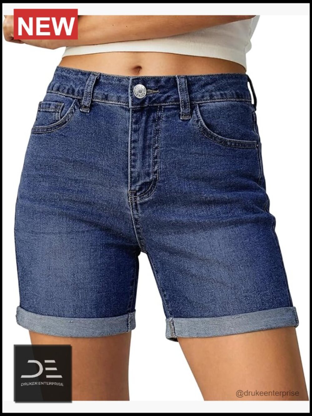 High Waisted Jean Shorts with Cuffed Hem - Stretchy Denim